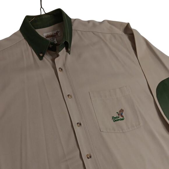 Vtg Ducks Unlimited Button Down Shirt Mens XL Tan/Green Oxford Logo Elbow Patch - Picture 1 of 14